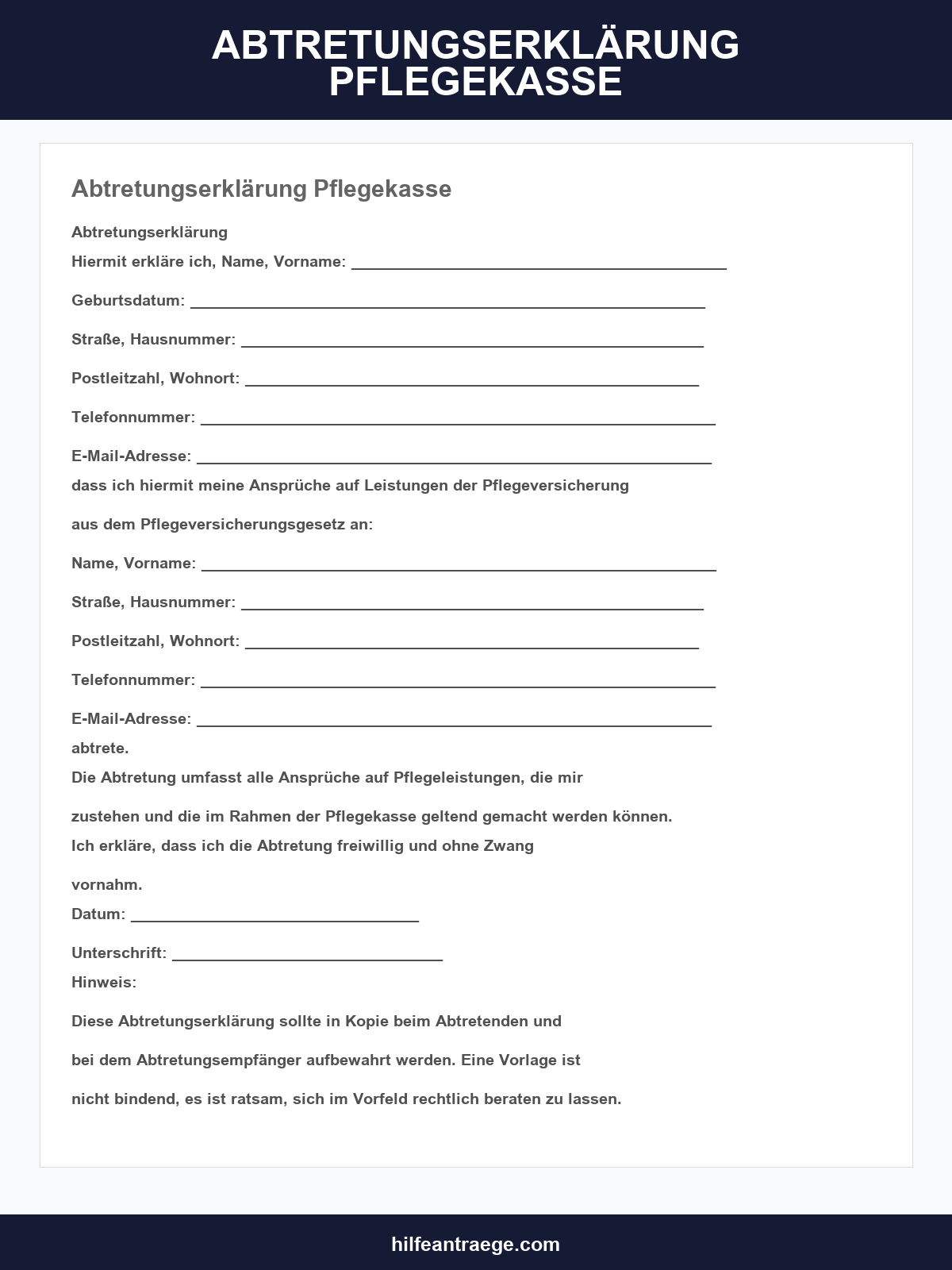 Abtretungserklärung Pflegekasse Vorlage