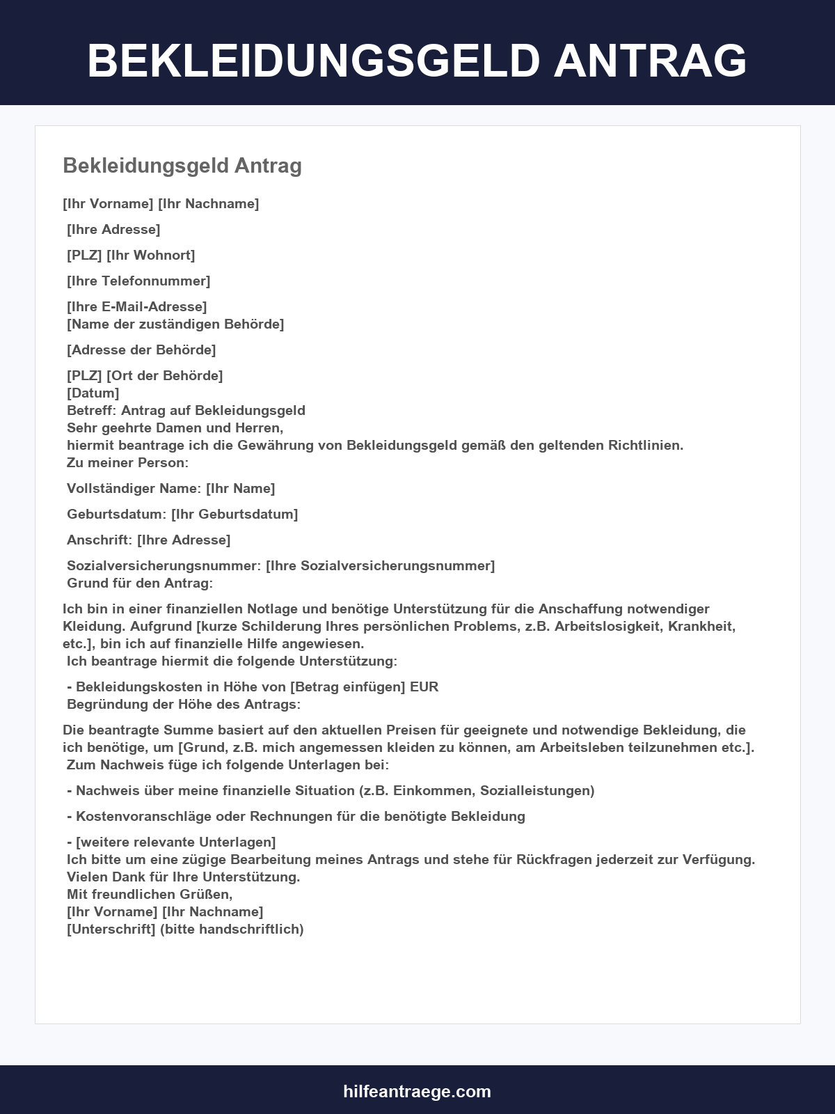 Bekleidungsgeld Antrag Vorlage
