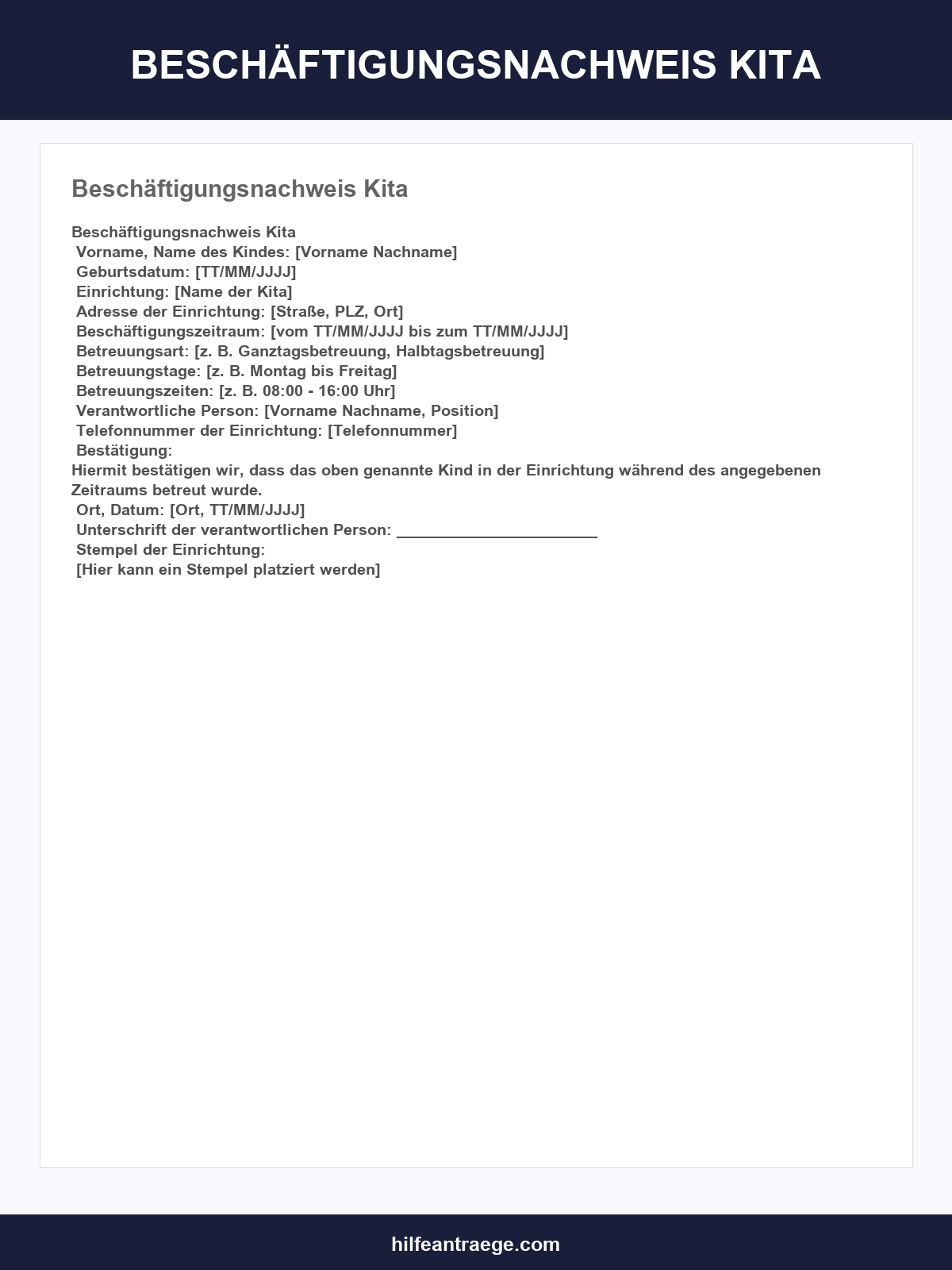 Beschäftigungsnachweis Kita Vorlage