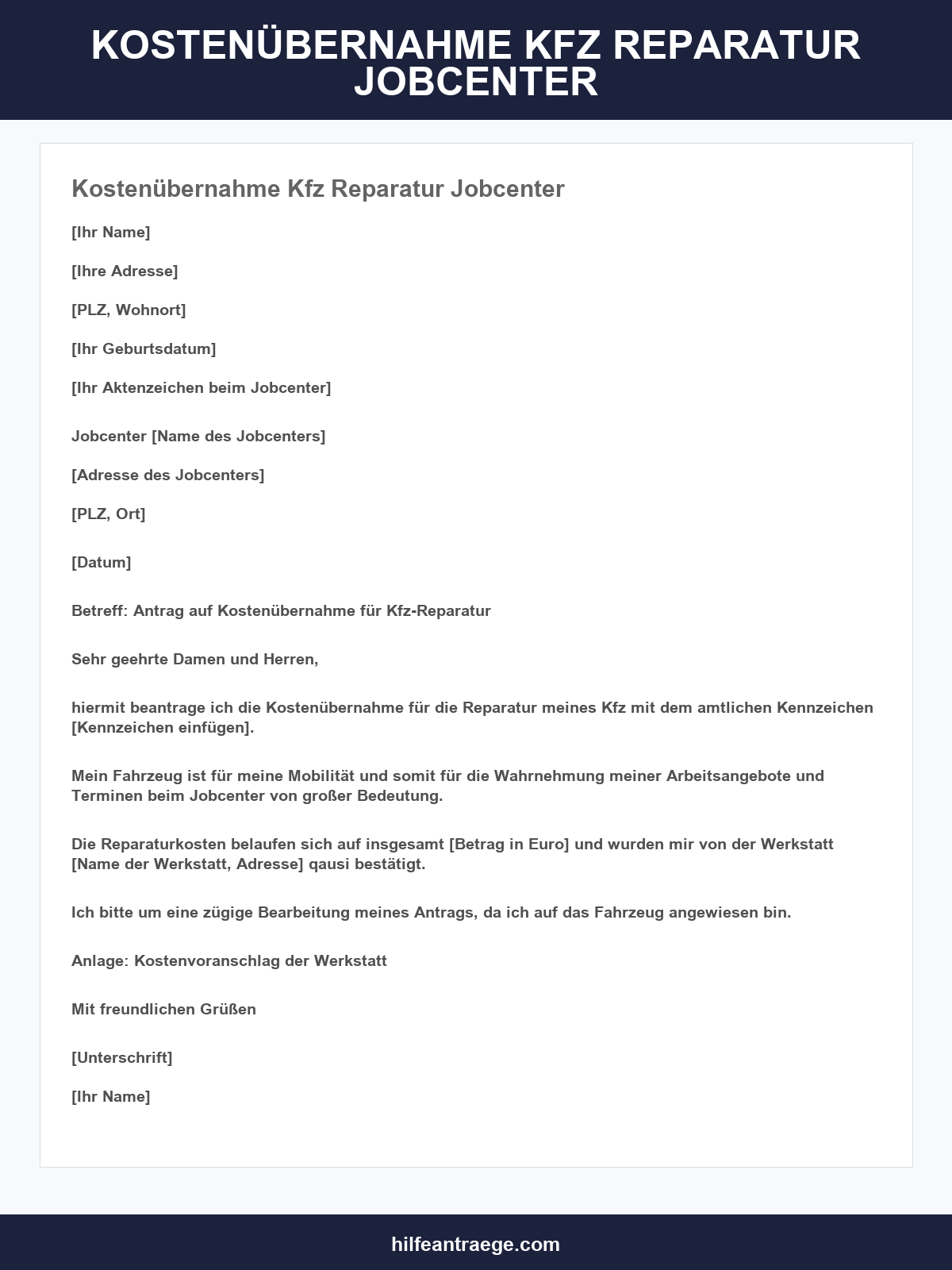 Formular Kostenübernahme Kfz-Reparatur Jobcenter