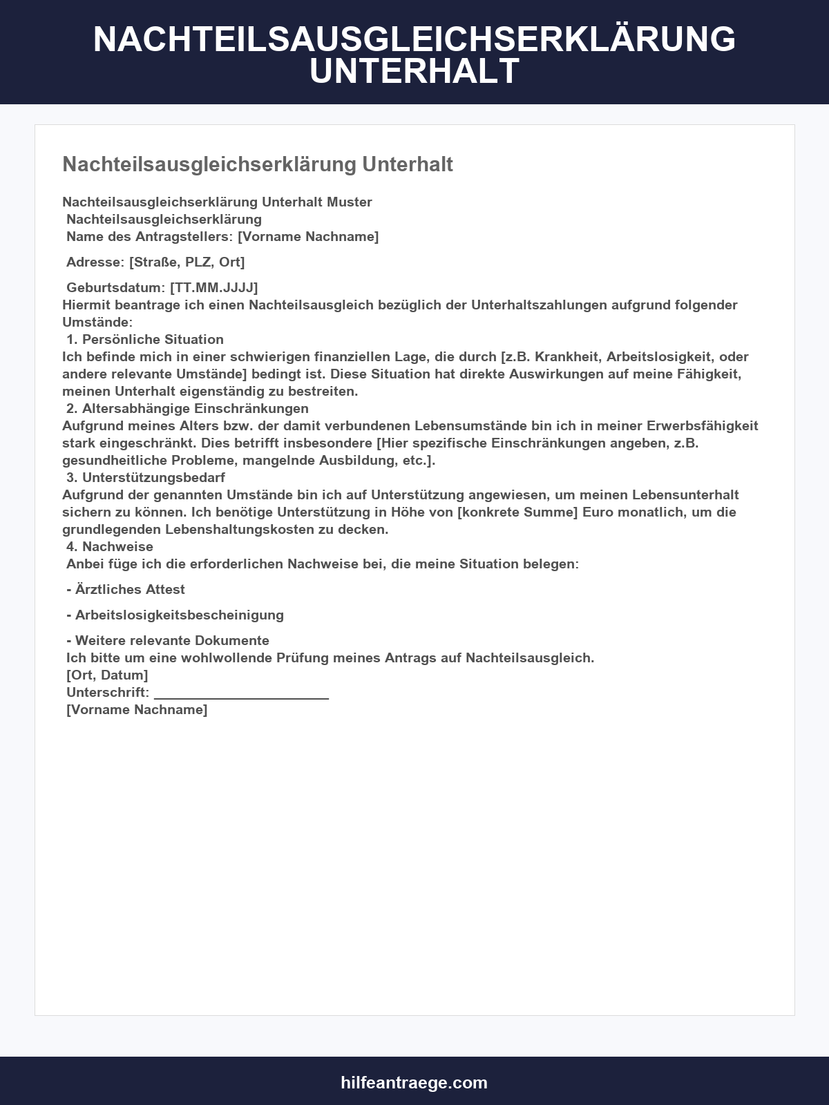 Nachteilsausgleichserklärung Unterhalt Muster