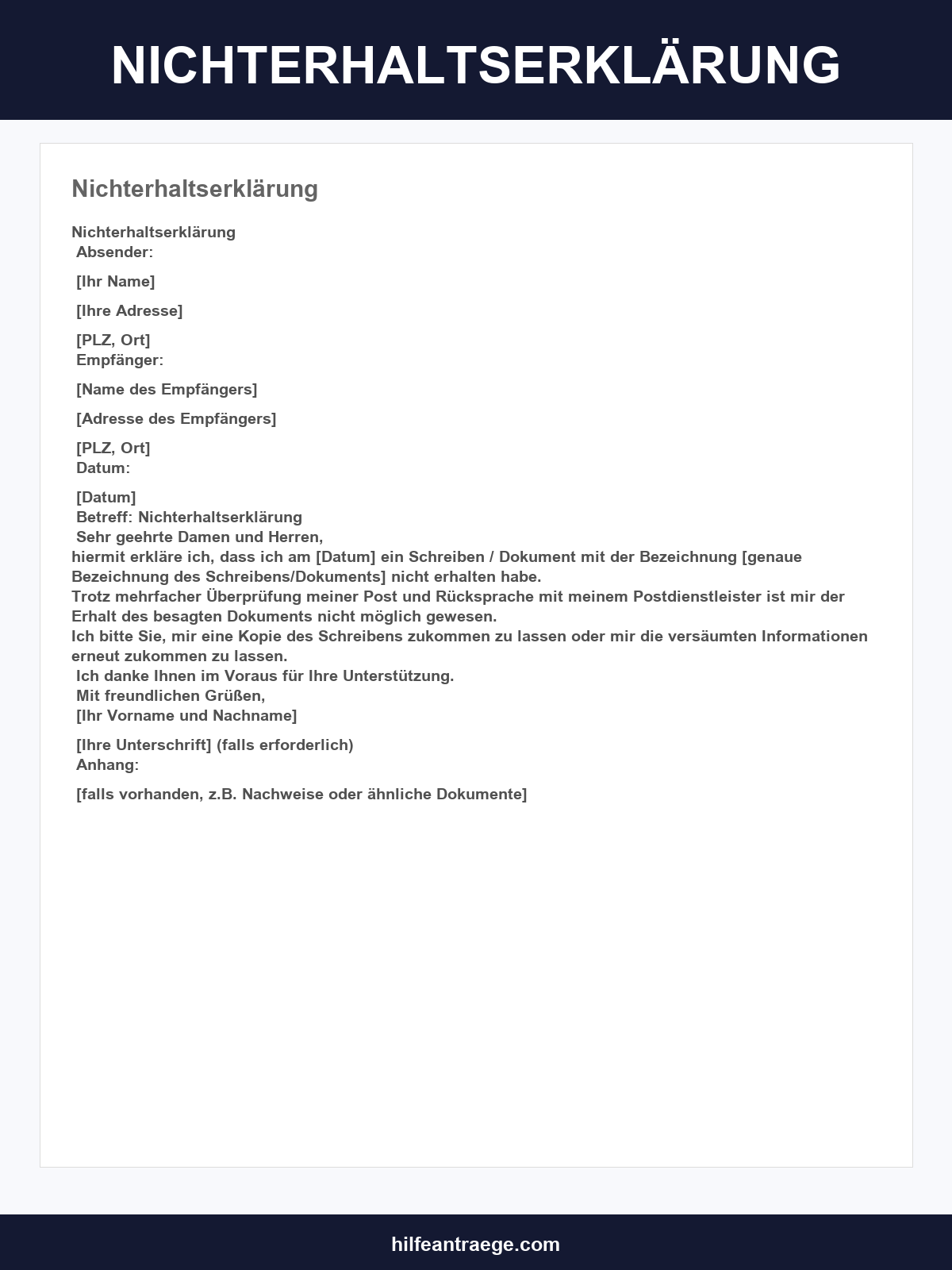 Nichterhaltserklärung Muster