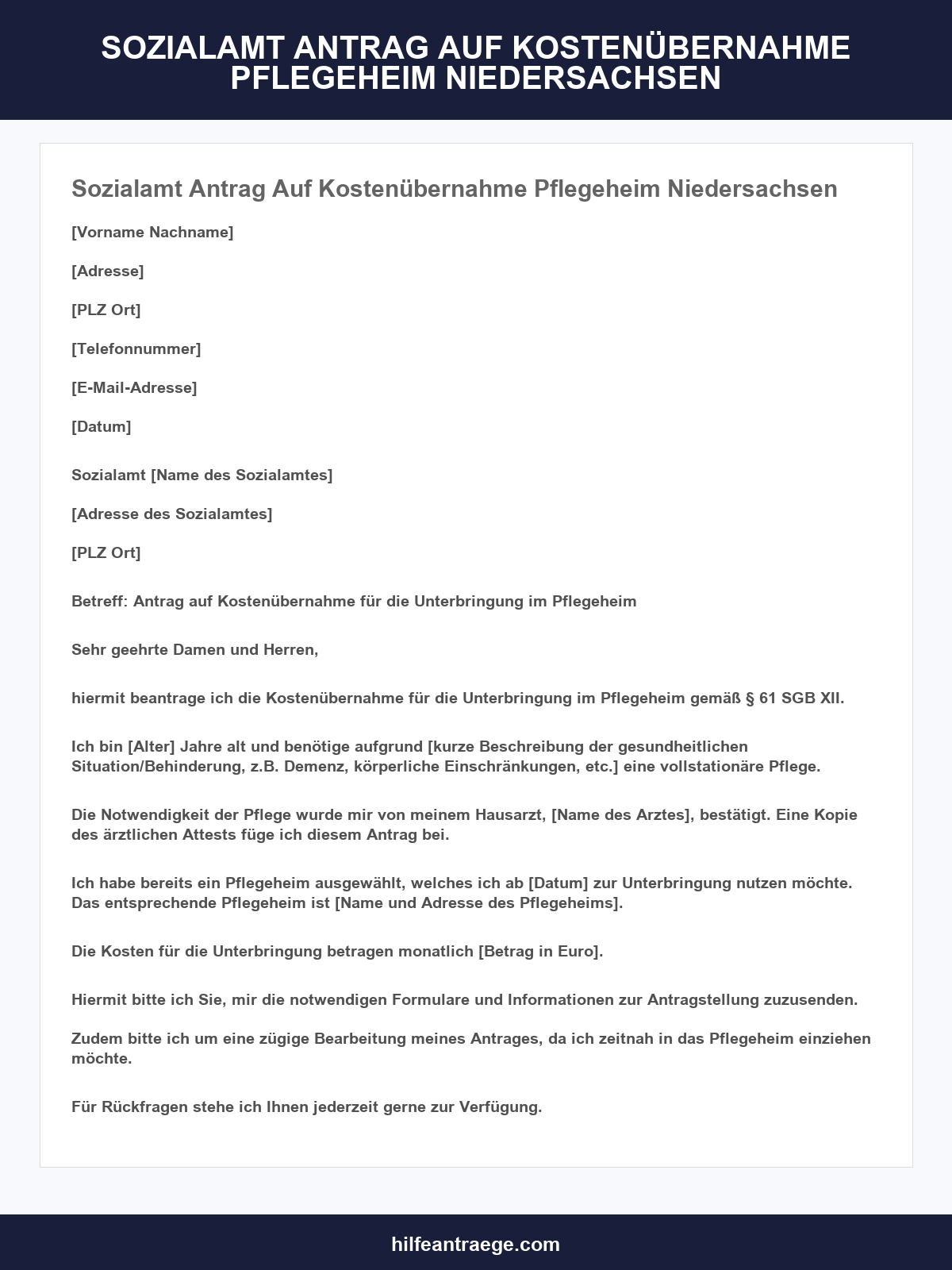 Sozialamt Antrag Auf Kostenübernahme Pflegeheim Niedersachsen