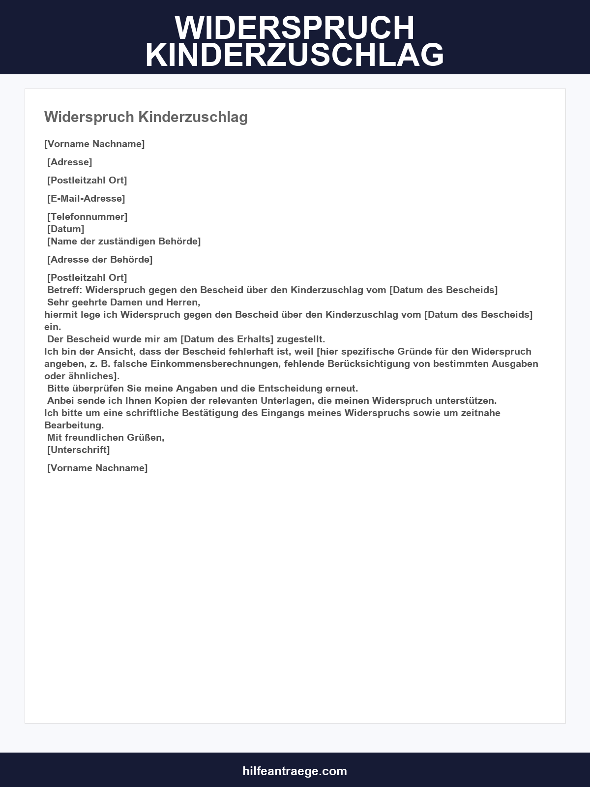 Widerspruch Kinderzuschlag Musterbrief